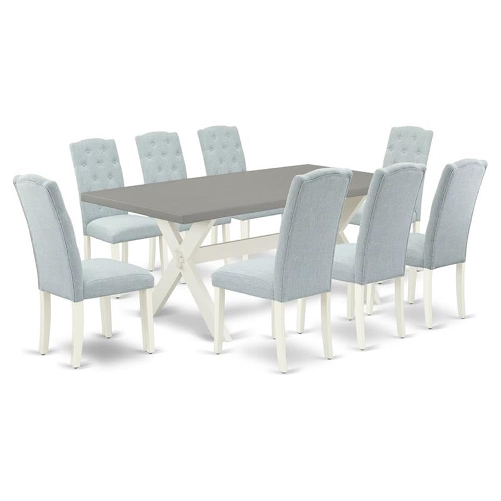 East West Furniture X097Ce215-9 9 Piece Kitchen Table Set Includes A Rectangle Dining Table With X-Legs And 8 Baby Blue Linen Fabric Parson Dining Room Chairs, 40X72 Inch, Multi-Color